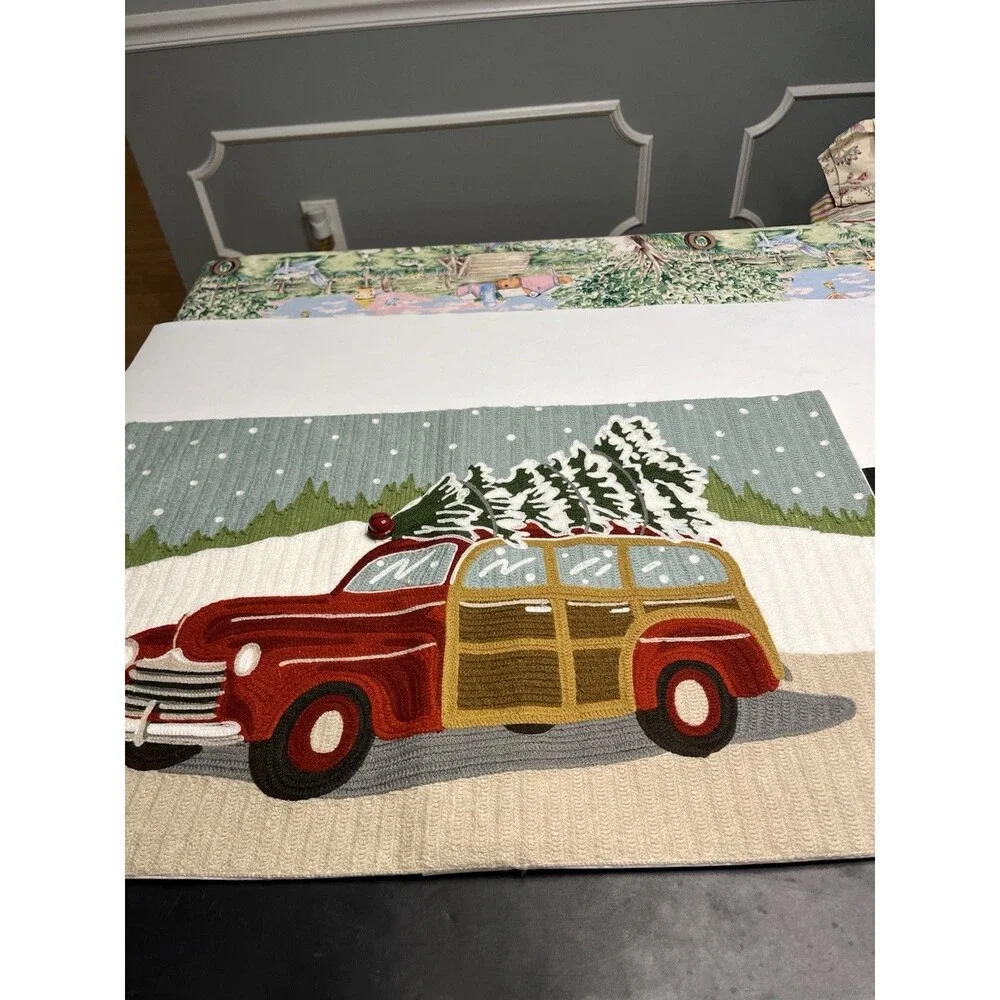Pottery Barn Christmas Woody Car Crewel Embroidered Lumbar Pillow Cover